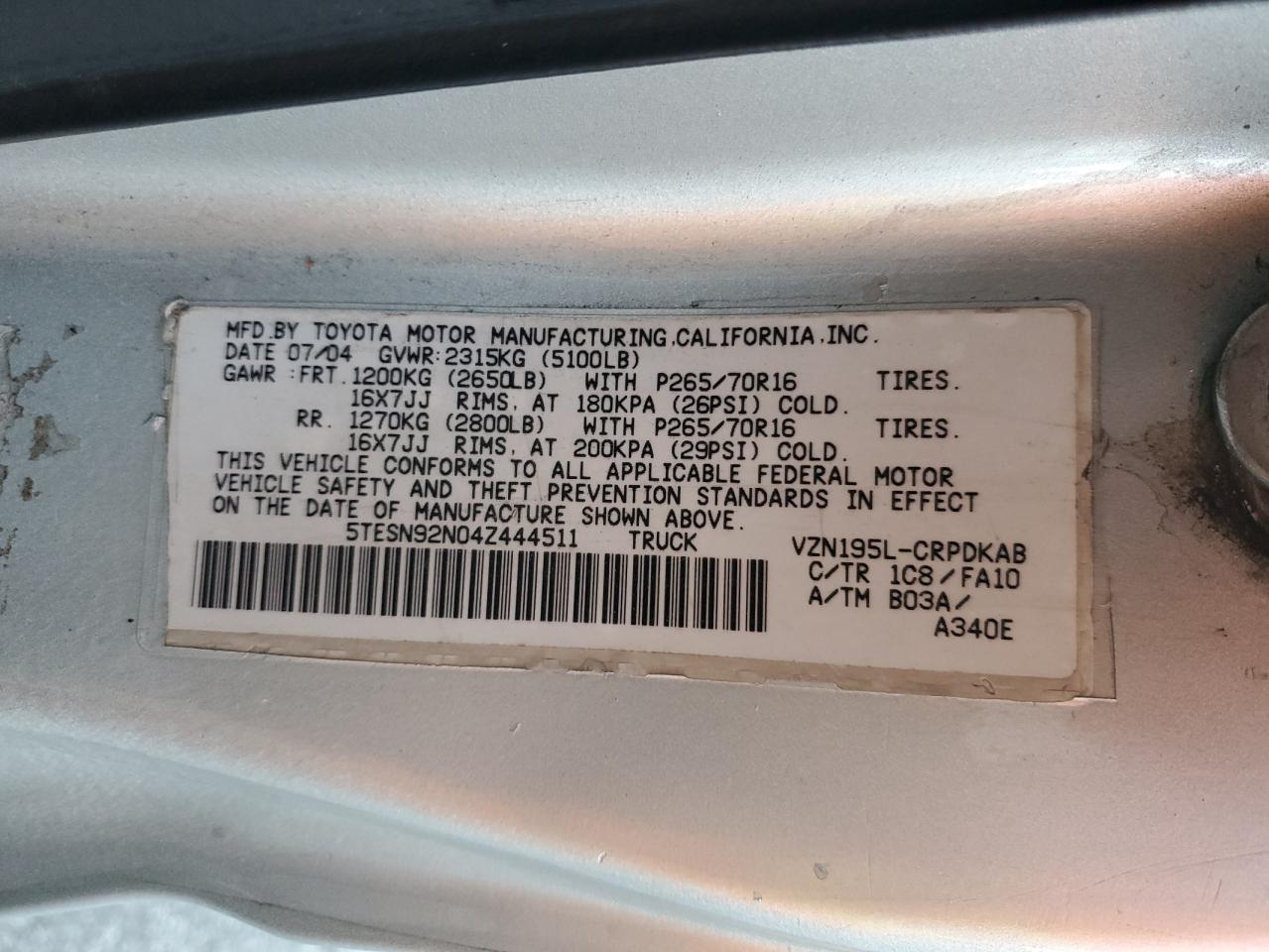 2004 Toyota Tacoma Xtracab Prerunner VIN: 5TESN92N04Z444511 Lot: 85864755
