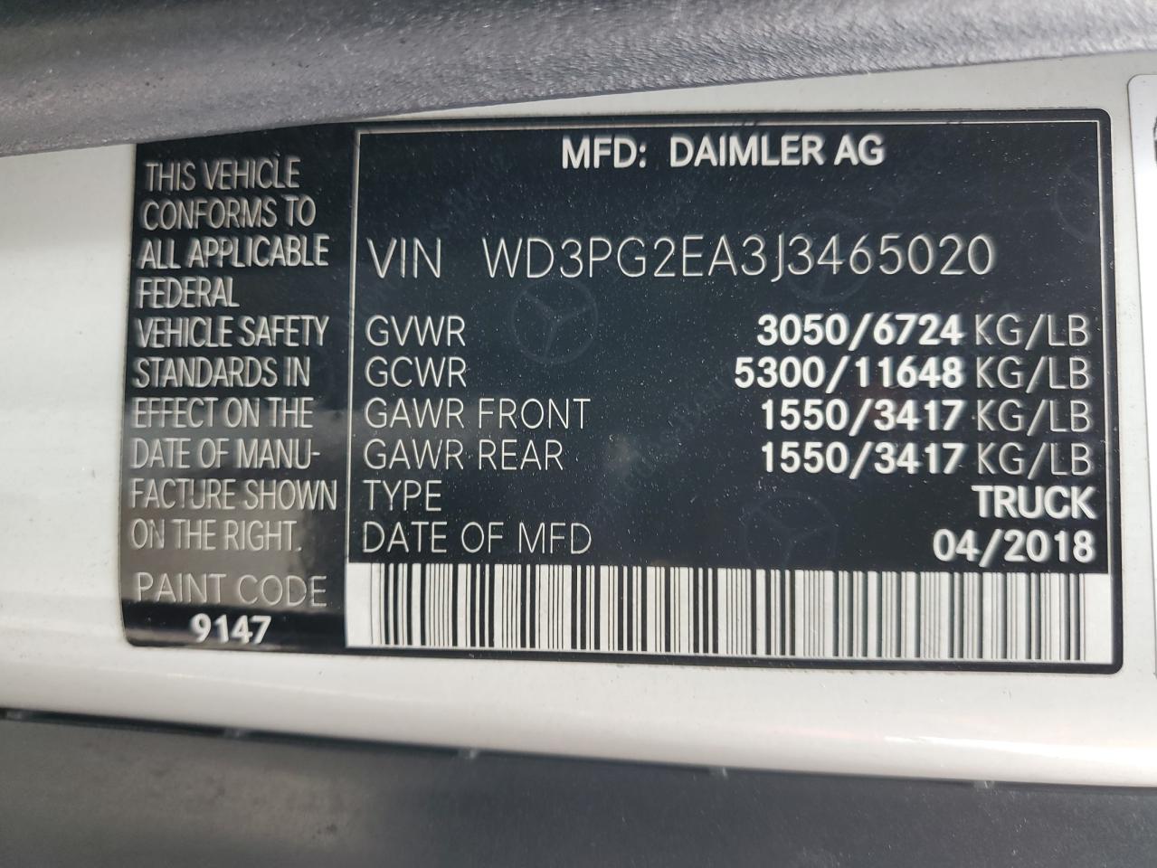 2018 Mercedes-Benz Metris VIN: WD3PG2EA3J3465020 Lot: 84952495