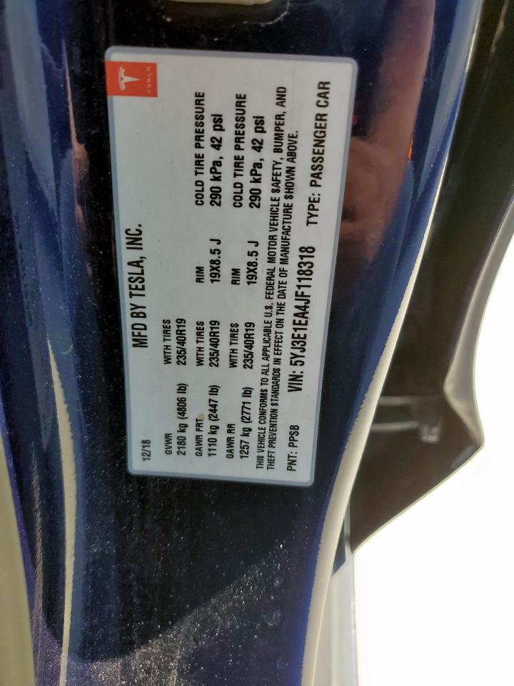 2018 Tesla Model 3 VIN: 5YJ3E1EA4JF118318 Lot: 85098695