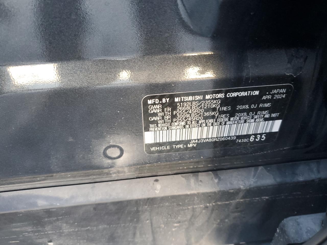 2024 Mitsubishi Outlander Se VIN: JA4J3VA80RZ060439 Lot: 86804685