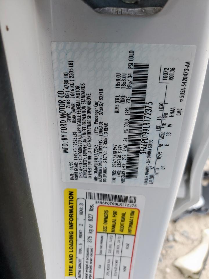 2020 Ford Fusion Se VIN: 3FA6P0T99LR172375 Lot: 89670285