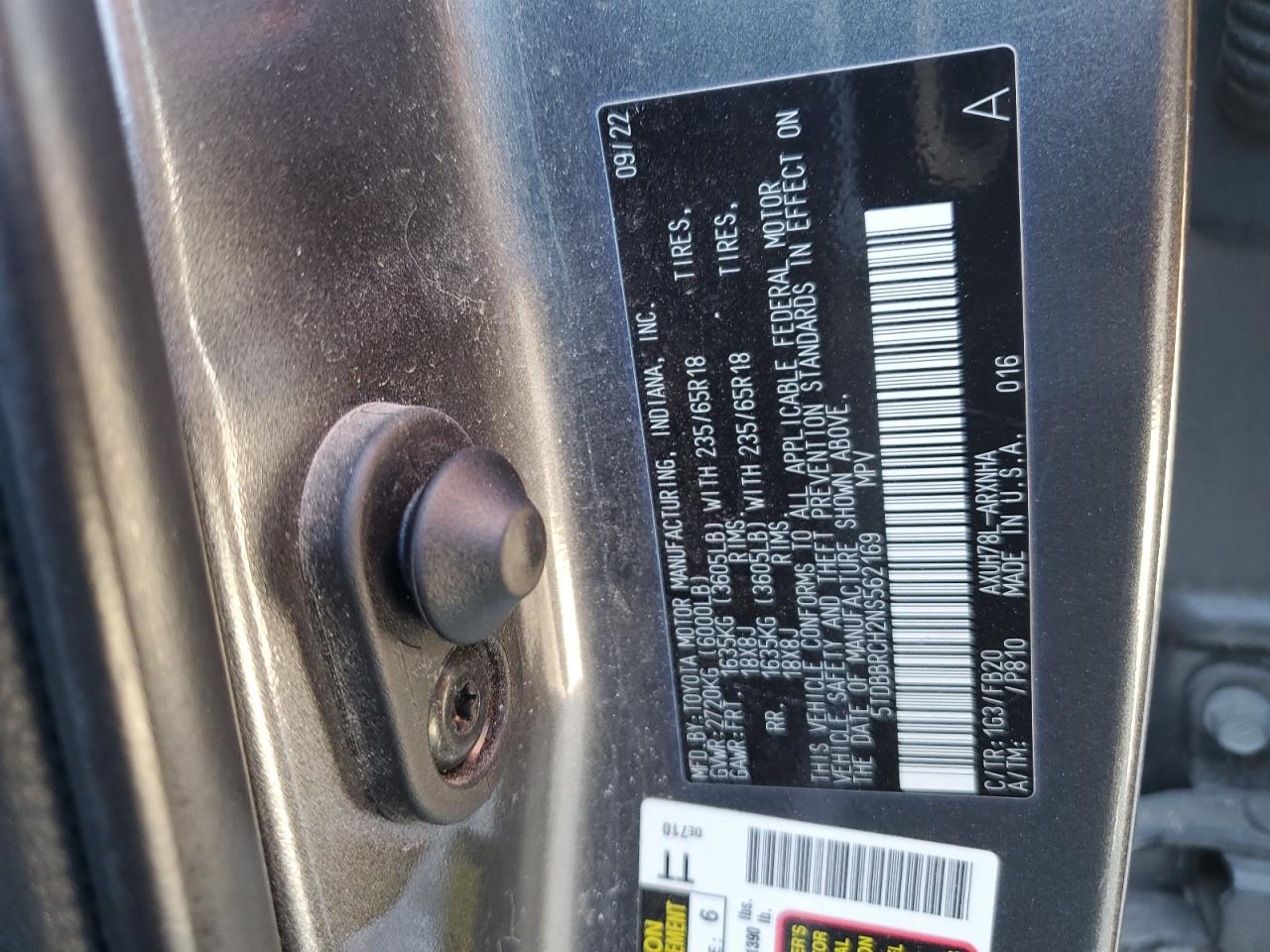 2022 Toyota Highlander Hybrid Le VIN: 5TDBBRCH2NS562169 Lot: 85784915