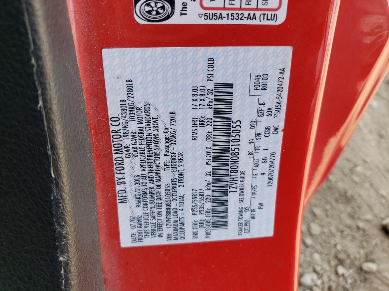 2008 Ford Mustang VIN: 1ZVHT80N085105055 Lot: 84232095