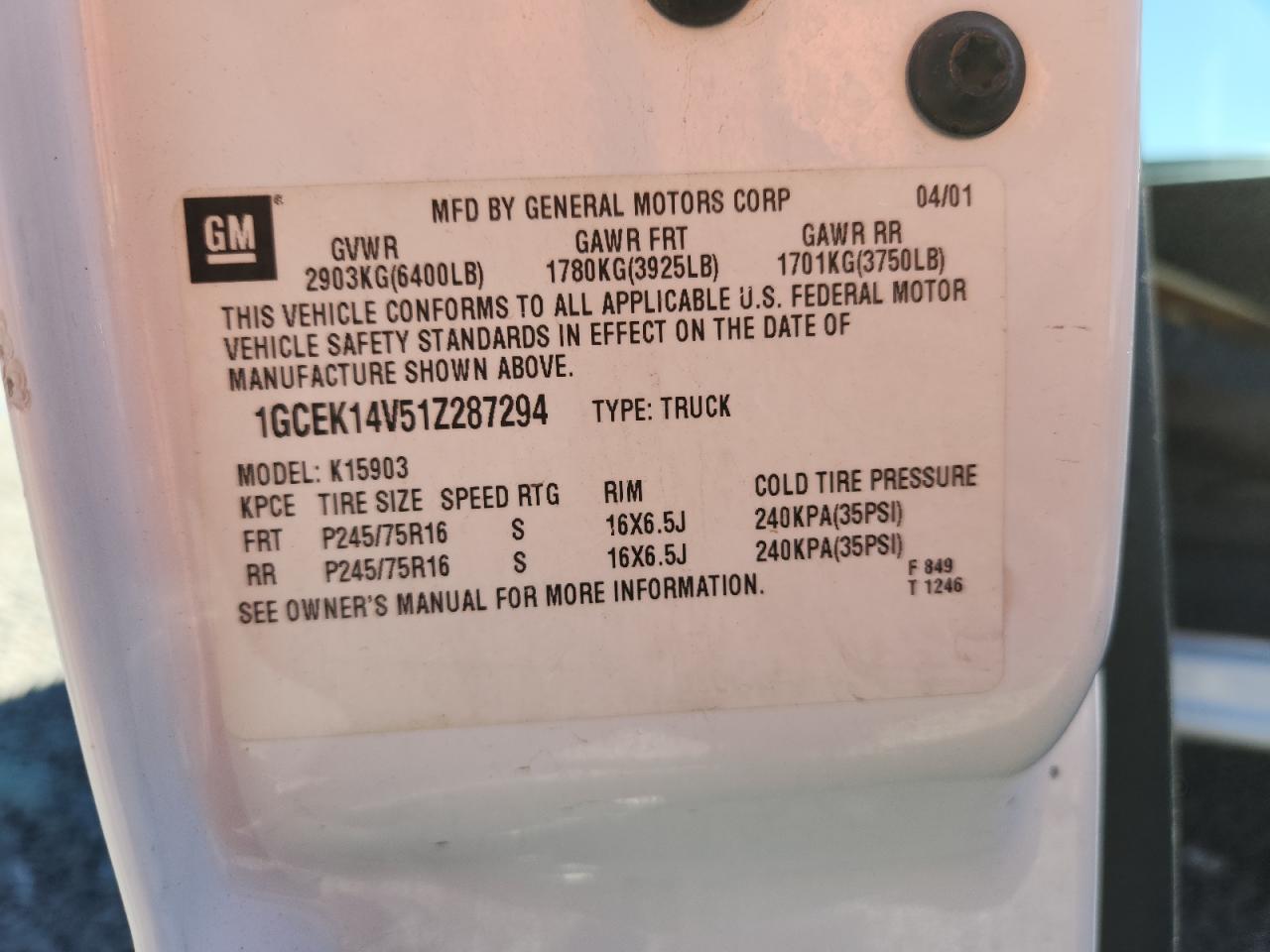 2001 Chevrolet Silverado K1500 VIN: 1GCEK14V51Z287294 Lot: 84891025