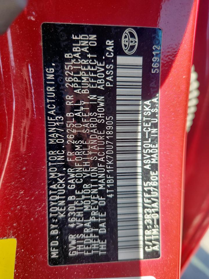 2013 Toyota Camry L VIN: 4T1BF1FK7DU718905 Lot: 86284595