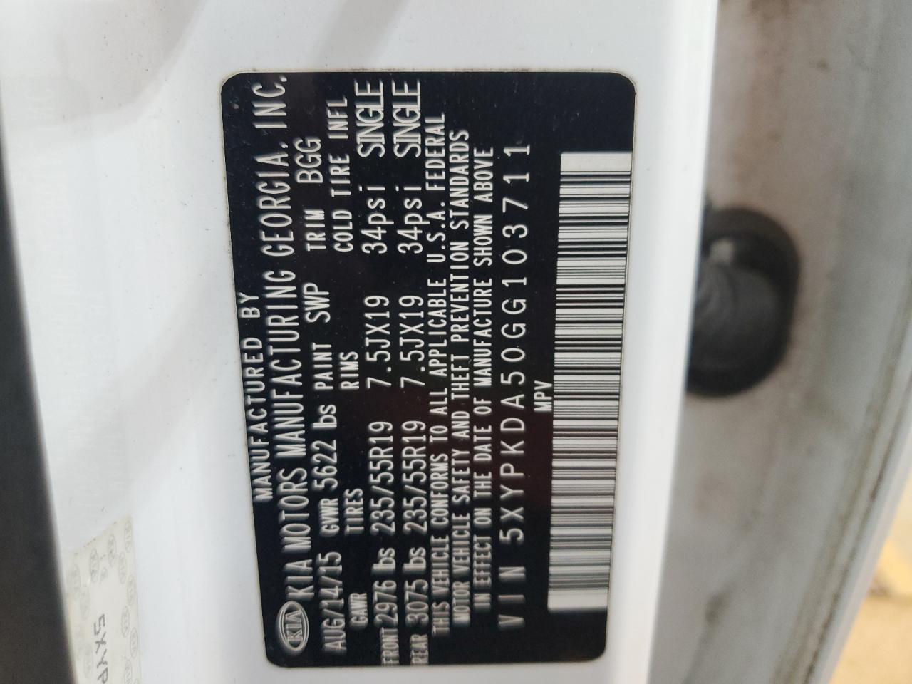 2016 Kia Sorento Sx VIN: 5XYPKDA50GG103711 Lot: 86087625