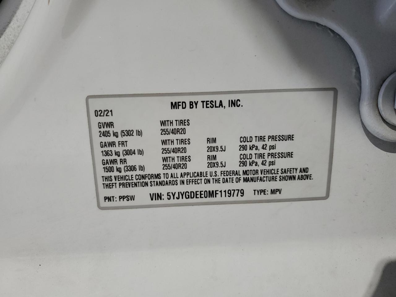 2021 Tesla Model Y VIN: 5YJYGDEE0MF119779 Lot: 90605855