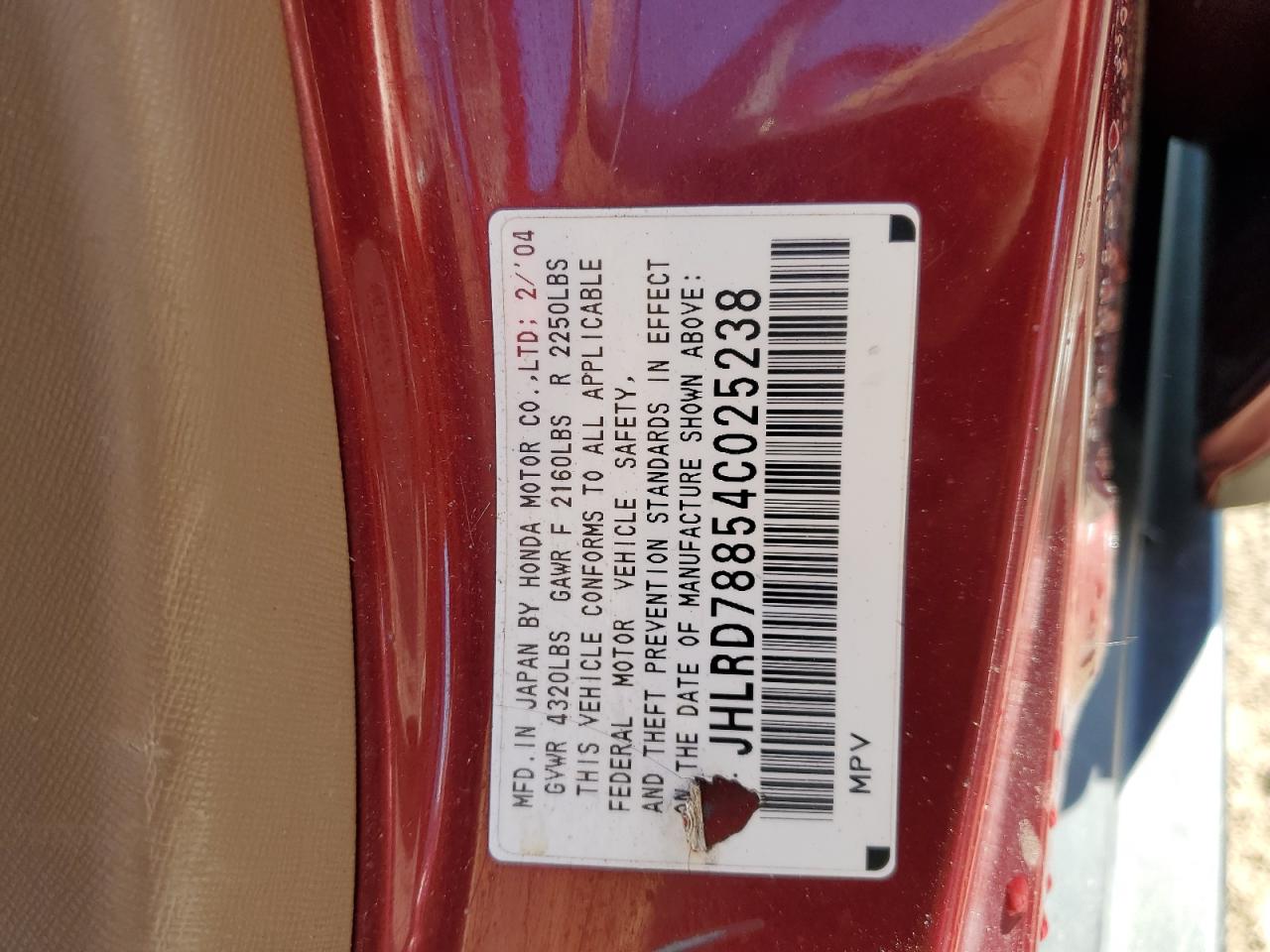 2004 Honda Cr-V Ex VIN: JHLRD78854C025238 Lot: 90088055