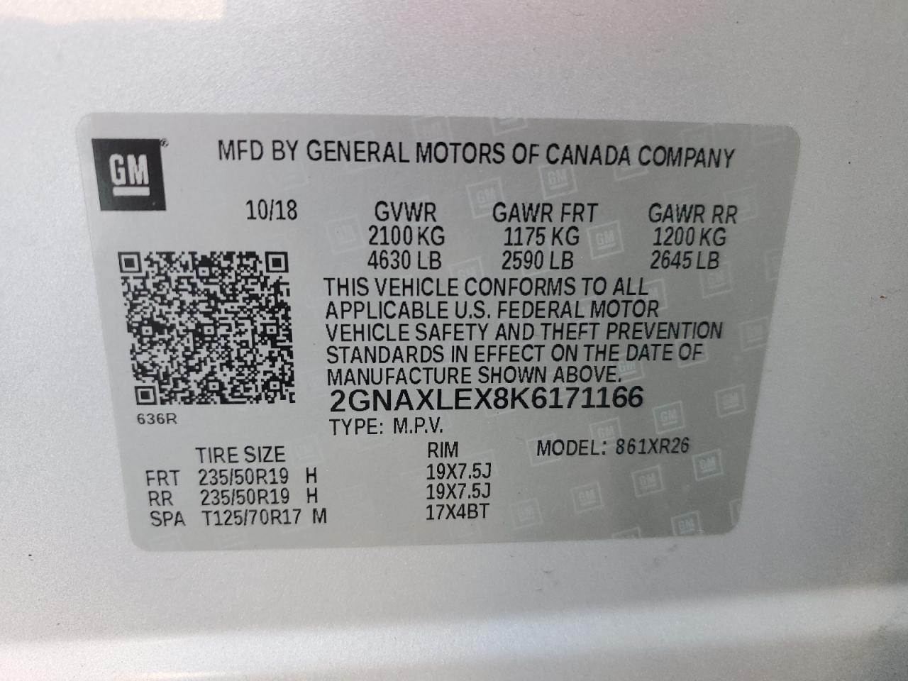 2019 Chevrolet Equinox Lt VIN: 2GNAXLEX8K6171166 Lot: 84986365