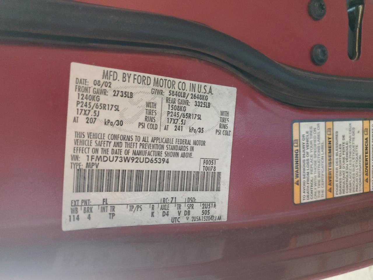 2002 Ford Explorer Xlt VIN: 1FMDU73W92UD65394 Lot: 84193475