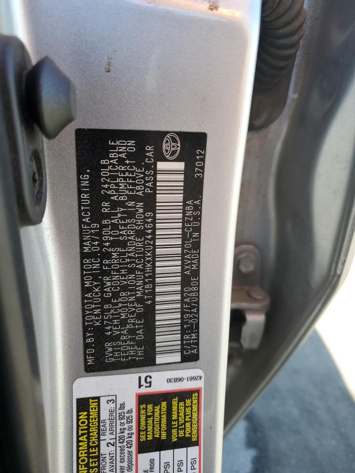 2019 Toyota Camry L VIN: 4T1B11HKXKU244649 Lot: 85849185