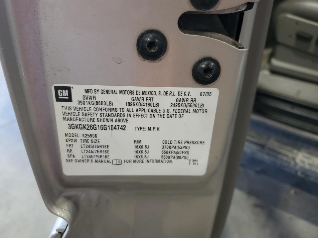 2006 GMC Yukon Xl K2500 VIN: 3GKGK26G16G104742 Lot: 81752175