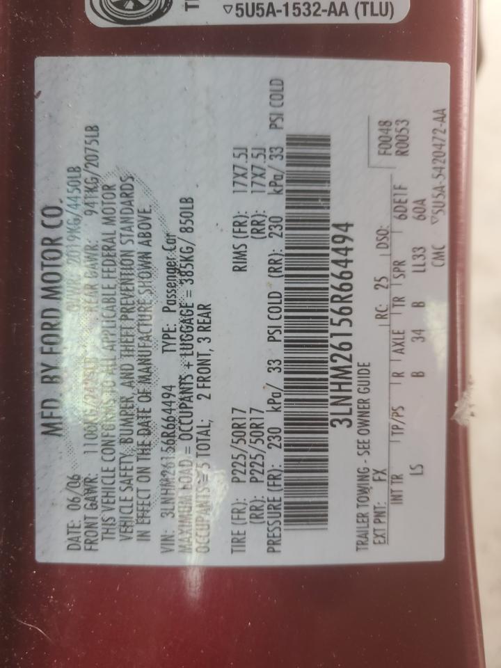 2006 Lincoln Zephyr VIN: 3LNHM26156R664494 Lot: 84942165