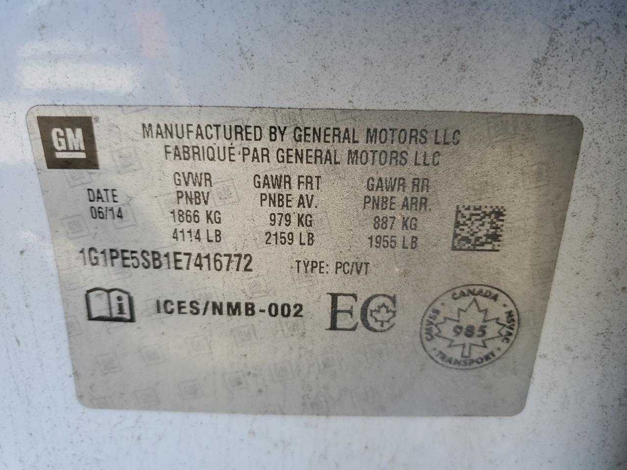 2014 Chevrolet Cruze Lt VIN: 1G1PE5SB1E7416772 Lot: 85691895