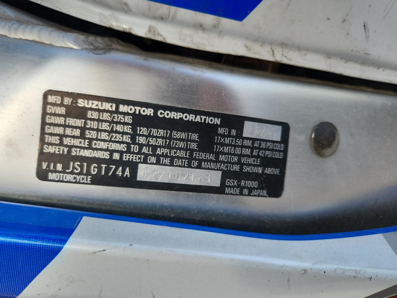 2002 Suzuki Gsx-R1000 VIN: JS1GT74A122102183 Lot: 84959285