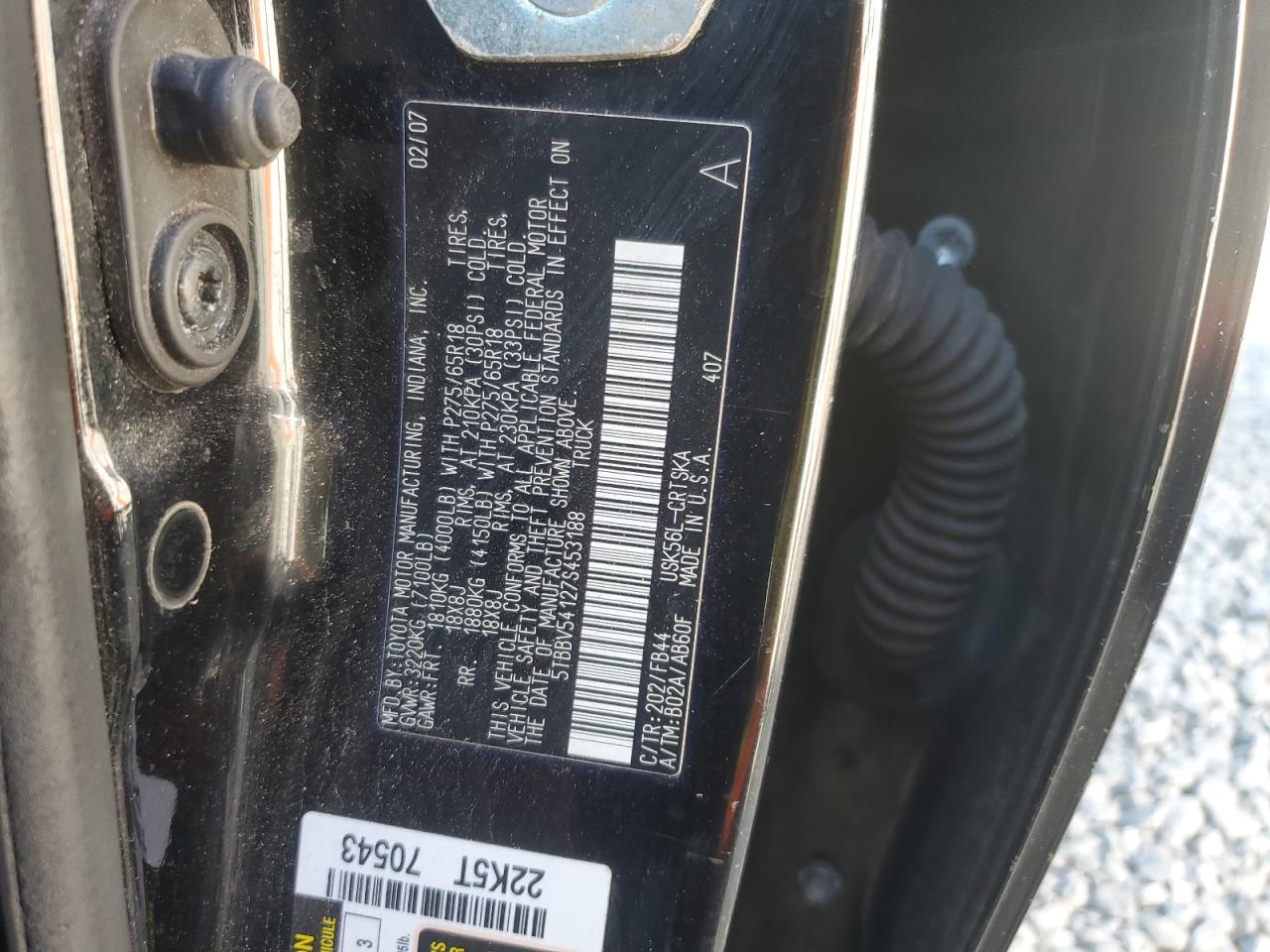 2007 Toyota Tundra Double Cab Sr5 VIN: 5TBBV54127S453188 Lot: 84537035