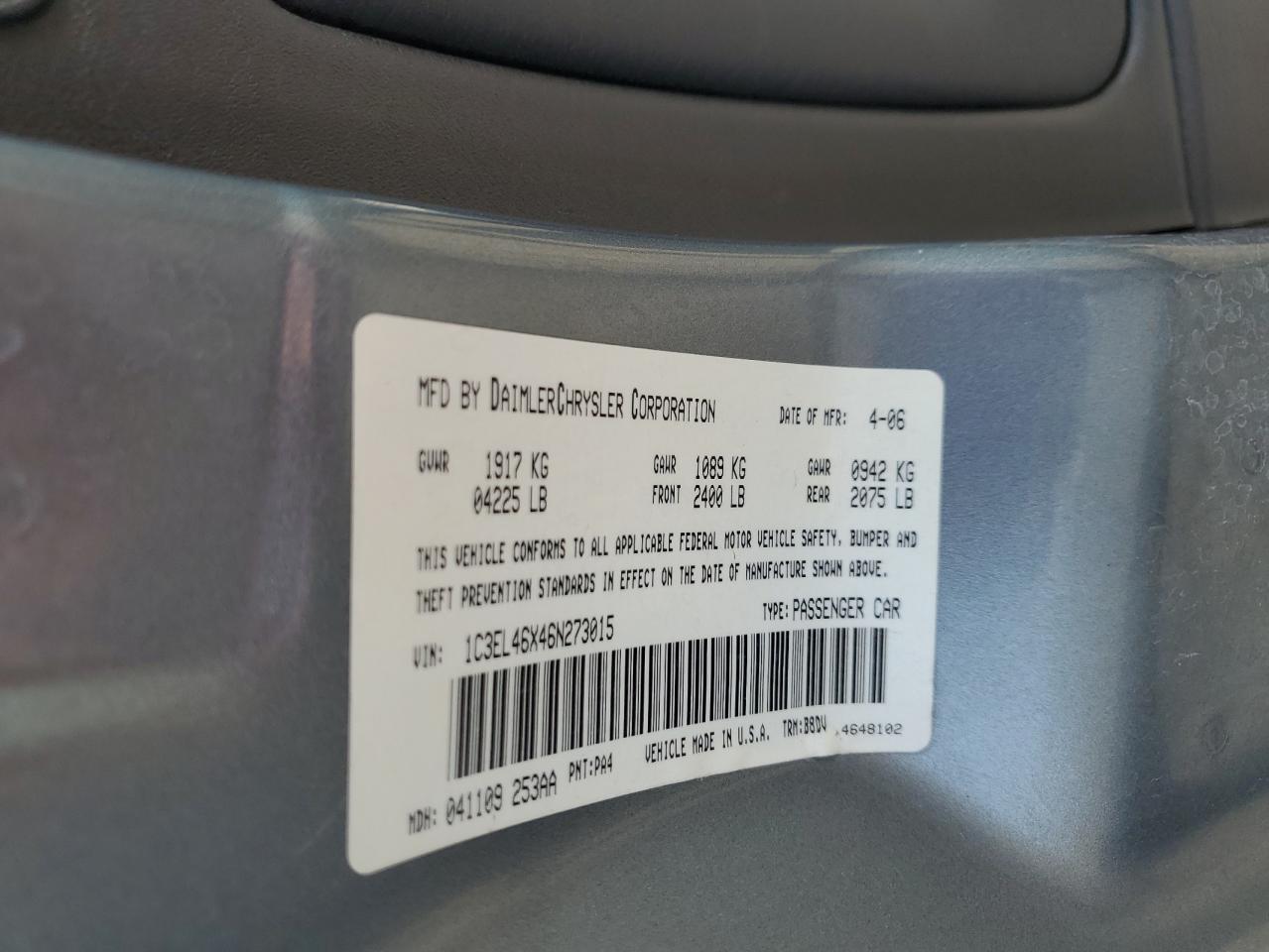 2006 Chrysler Sebring VIN: 1C3EL46X46N273015 Lot: 82388755