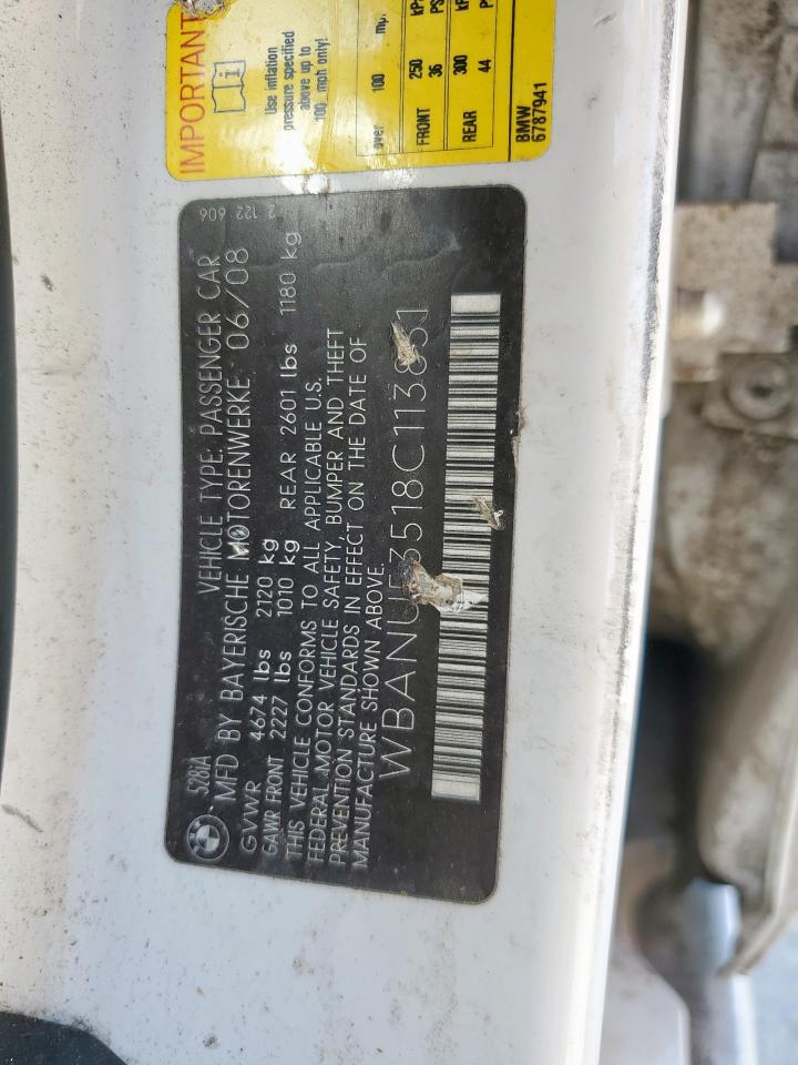 2008 BMW 528 I VIN: WBANU53518C113851 Lot: 82410165