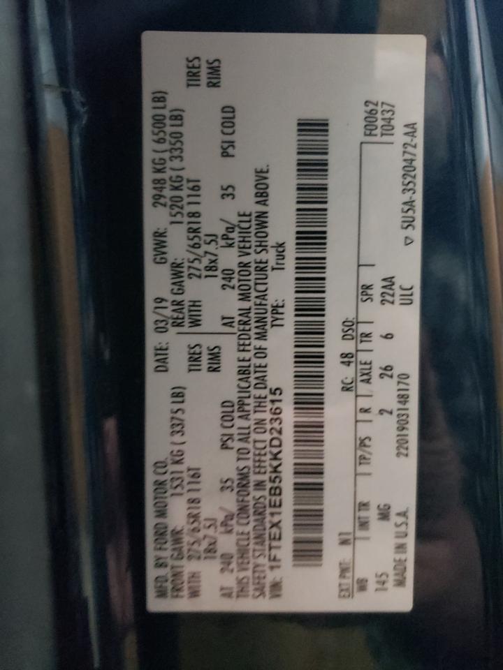 2019 Ford F150 Super Cab VIN: 1FTEX1EB5KKD23615 Lot: 82781685