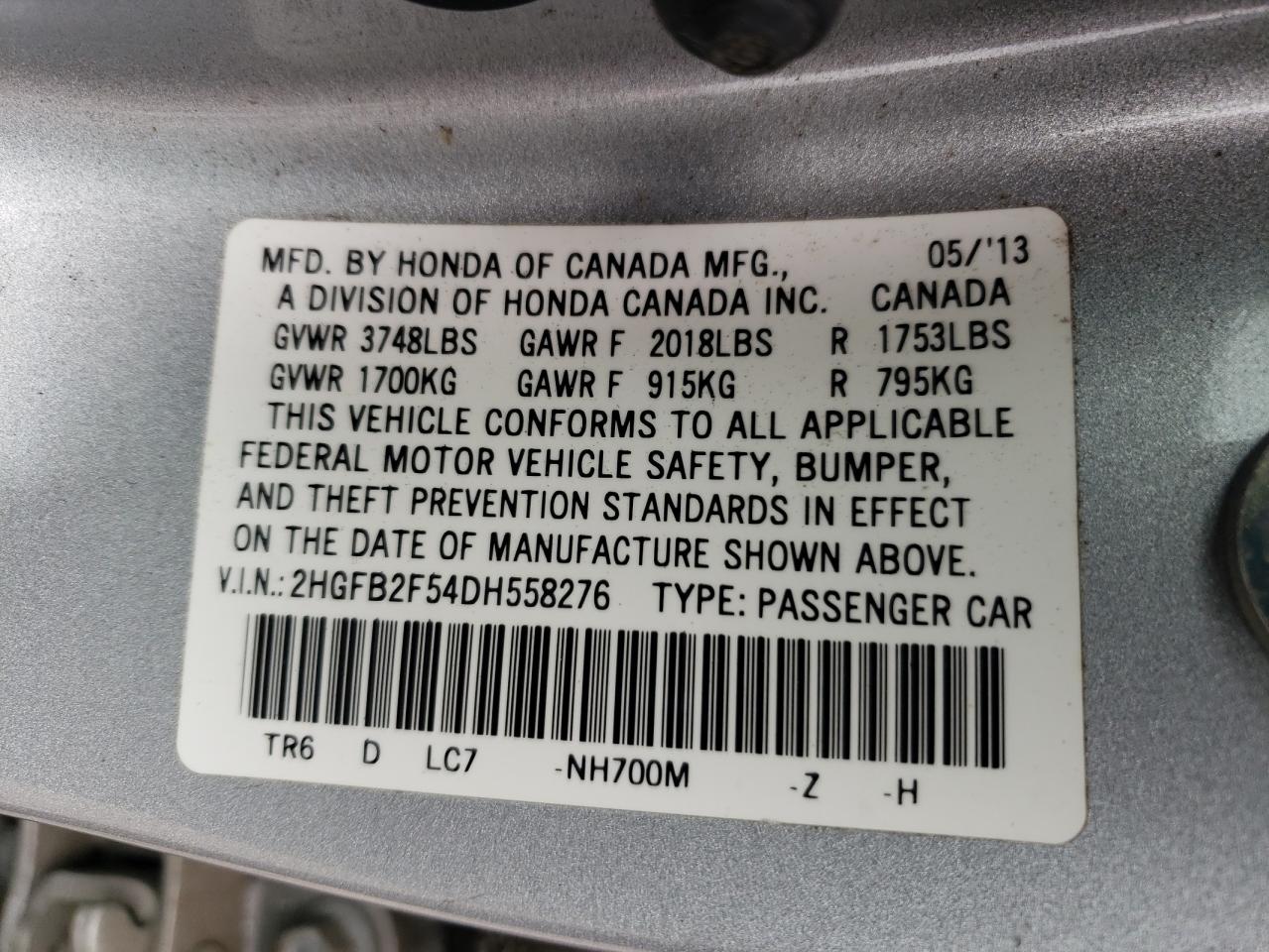 2013 Honda Civic Lx VIN: 2HGFB2F54DH558276 Lot: 86259535