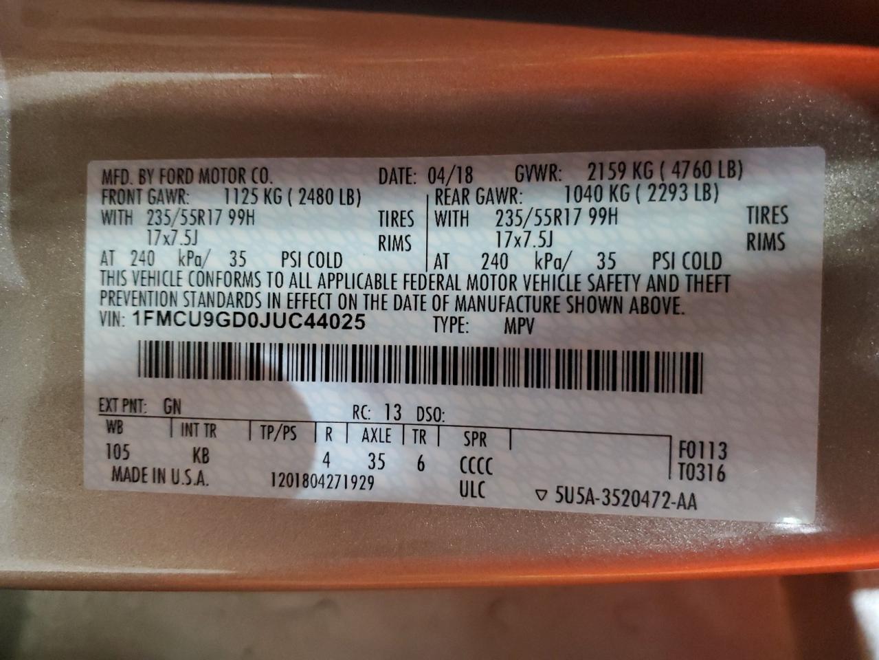 2018 Ford Escape Se VIN: 1FMCU9GD0JUC44025 Lot: 89675865