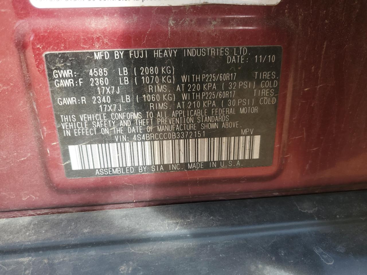 2011 Subaru Outback 2.5I Premium VIN: 4S4BRCCC0B3372151 Lot: 86503455