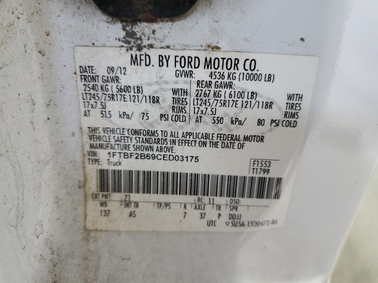 2012 Ford F250 Super Duty VIN: 1FTBF2B69CED03175 Lot: 84802035