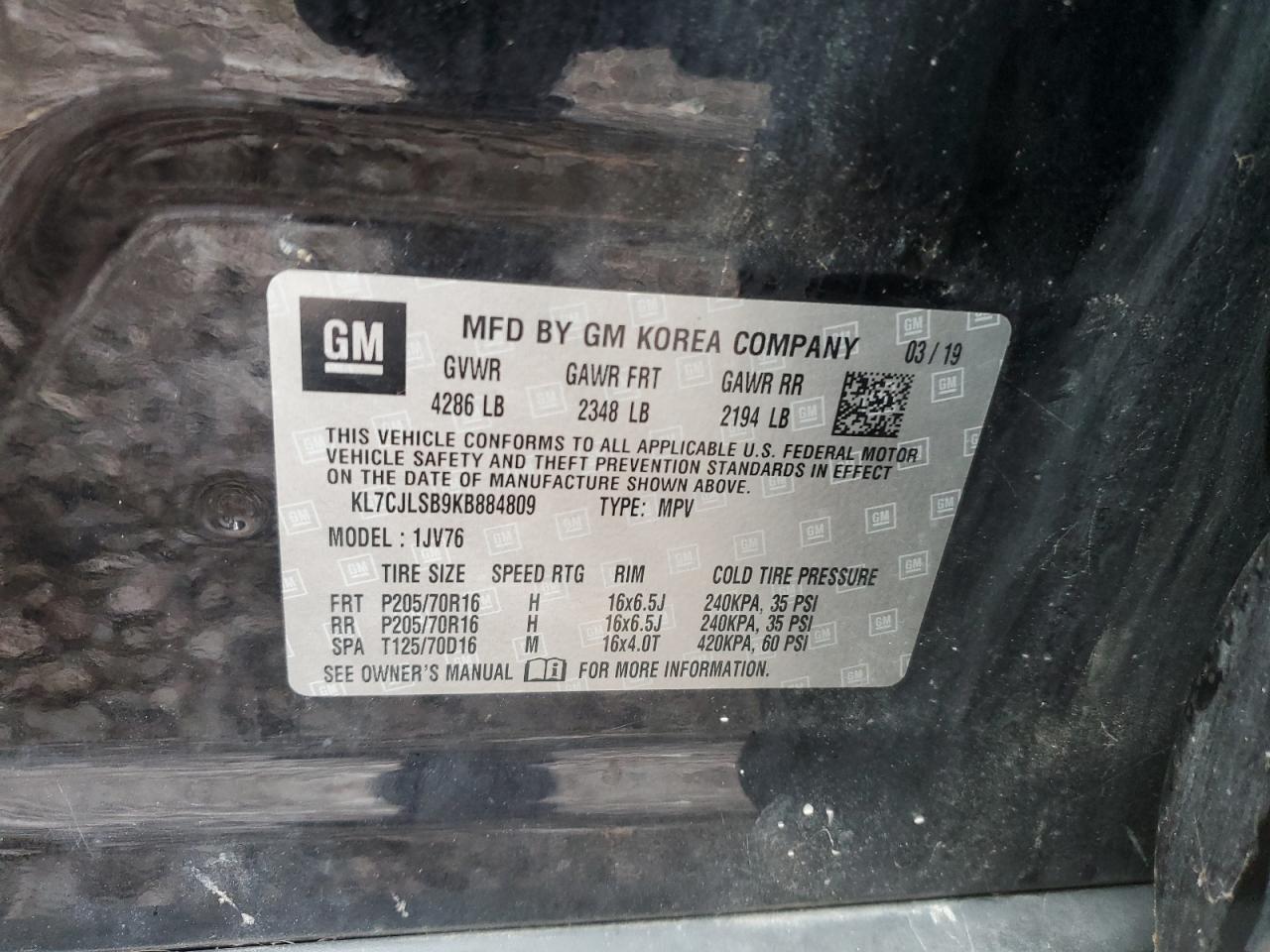 2019 Chevrolet Trax 1Lt VIN: KL7CJLSB9KB884809 Lot: 90114525