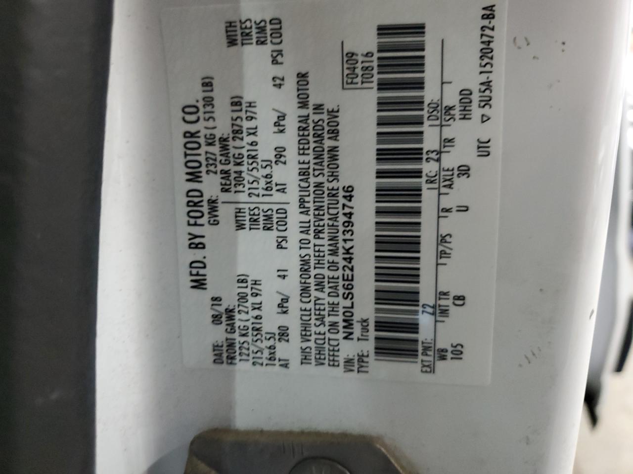 2019 Ford Transit Connect Xl VIN: NM0LS6E24K1394746 Lot: 85168705