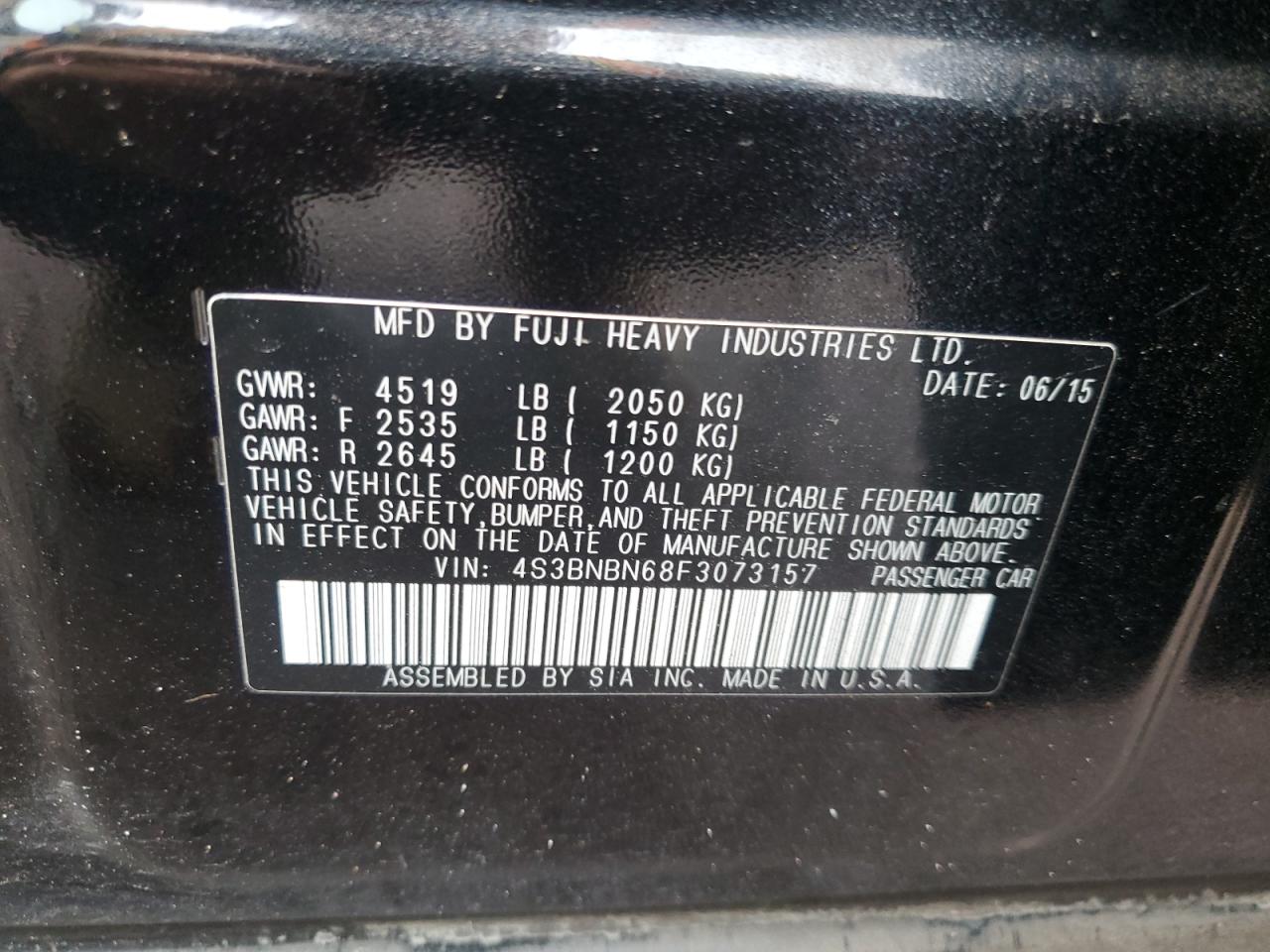 2015 Subaru Legacy 2.5I Limited VIN: 4S3BNBN68F3073157 Lot: 86450485