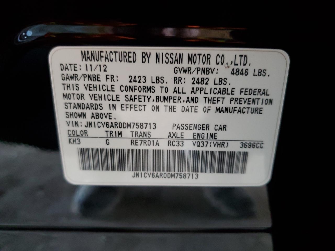 2013 Infiniti G37 VIN: JN1CV6AR0DM758713 Lot: 86705385