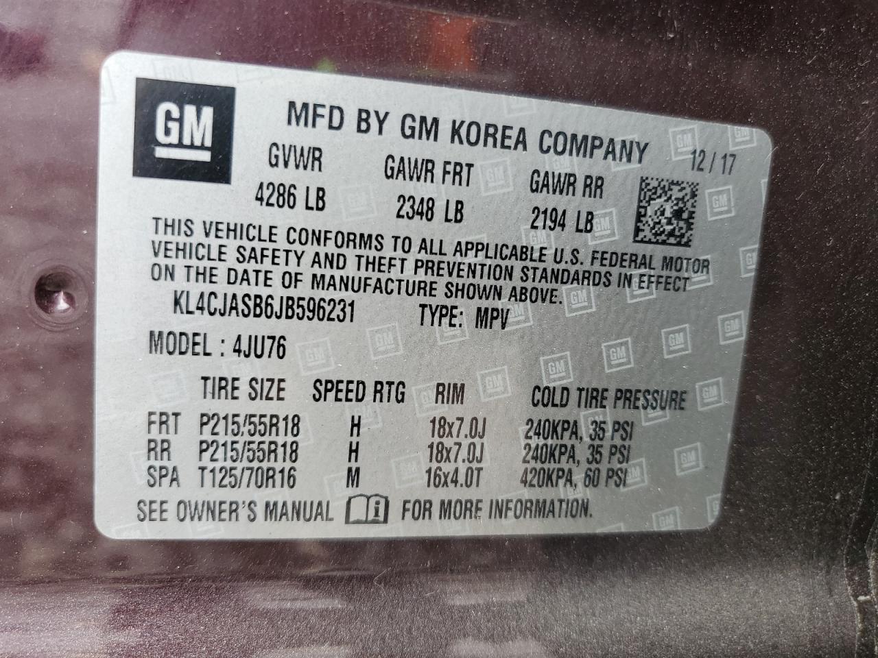 2018 Buick Encore Preferred VIN: KL4CJASB6JB596231 Lot: 86052145