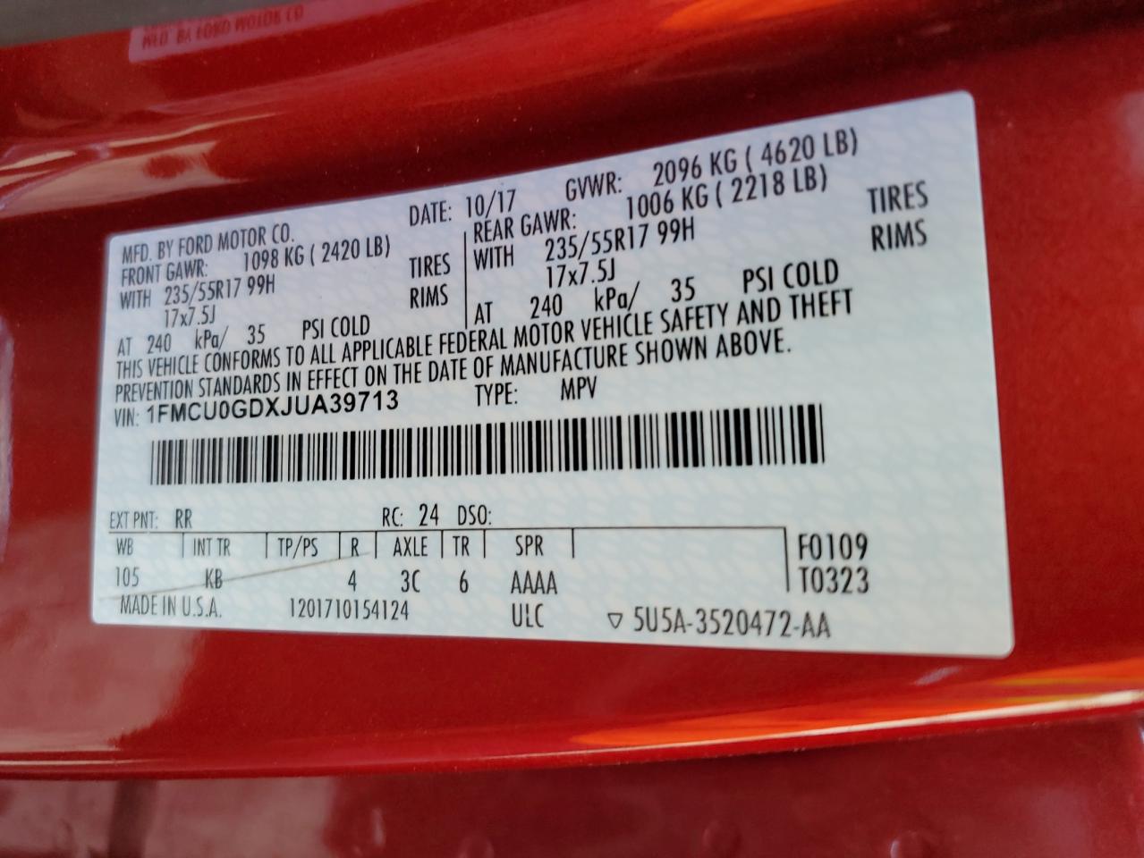 2018 Ford Escape Se VIN: 1FMCU0GDXJUA39713 Lot: 82118135