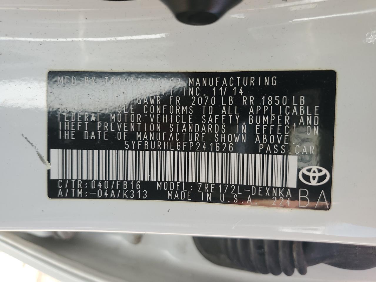 2015 Toyota Corolla L VIN: 5YFBURHE6FP241626 Lot: 85133705