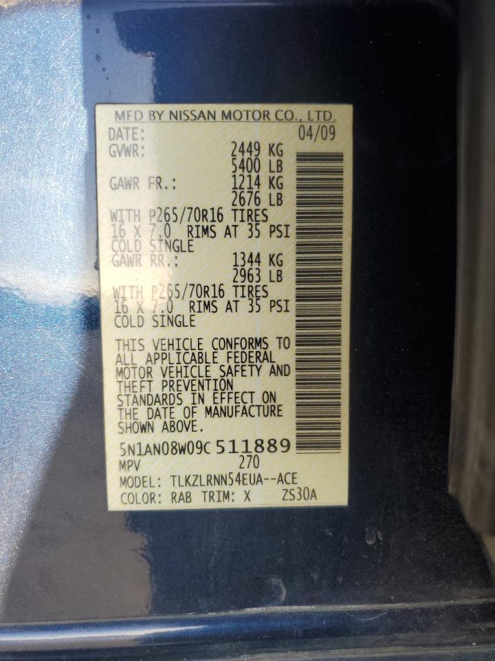 2009 Nissan Xterra Off Road VIN: 5N1AN08W09C511889 Lot: 82003725