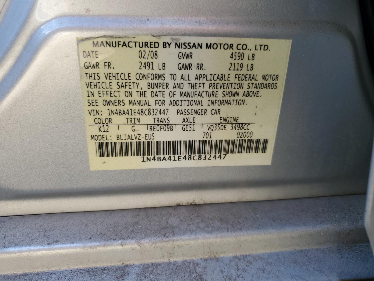 2008 Nissan Maxima Se VIN: 1N4BA41E48C832447 Lot: 80698555