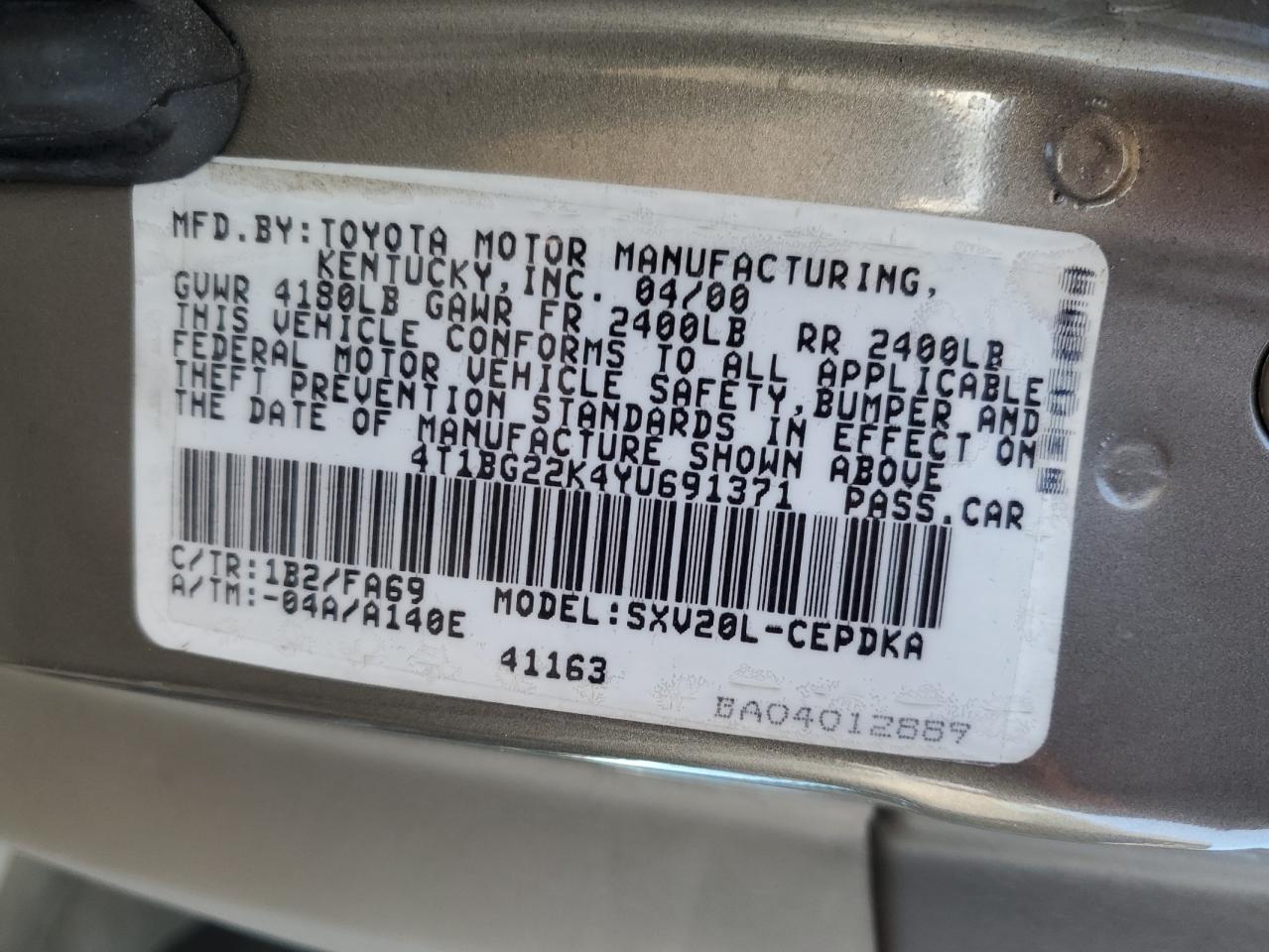 2000 Toyota Camry Ce VIN: 4T1BG22K4YU691371 Lot: 82743995