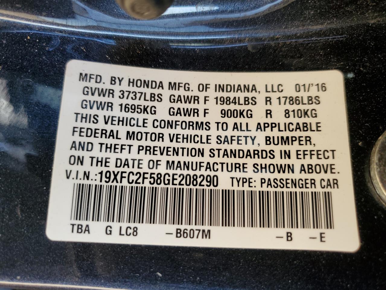 2016 Honda Civic Lx VIN: 19XFC2F58GE208290 Lot: 81963795