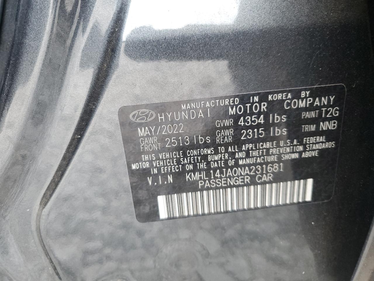 2022 Hyundai Sonata Sel VIN: KMHL14JA0NA231681 Lot: 85743005