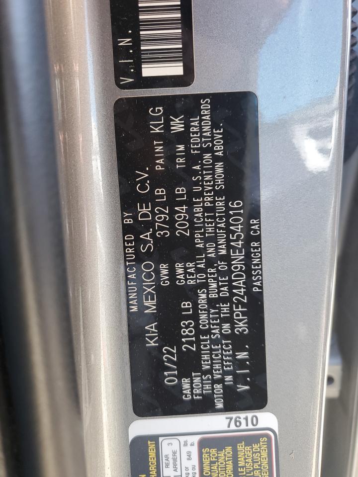 2022 Kia Forte Fe VIN: 3KPF24AD9NE454016 Lot: 87224705