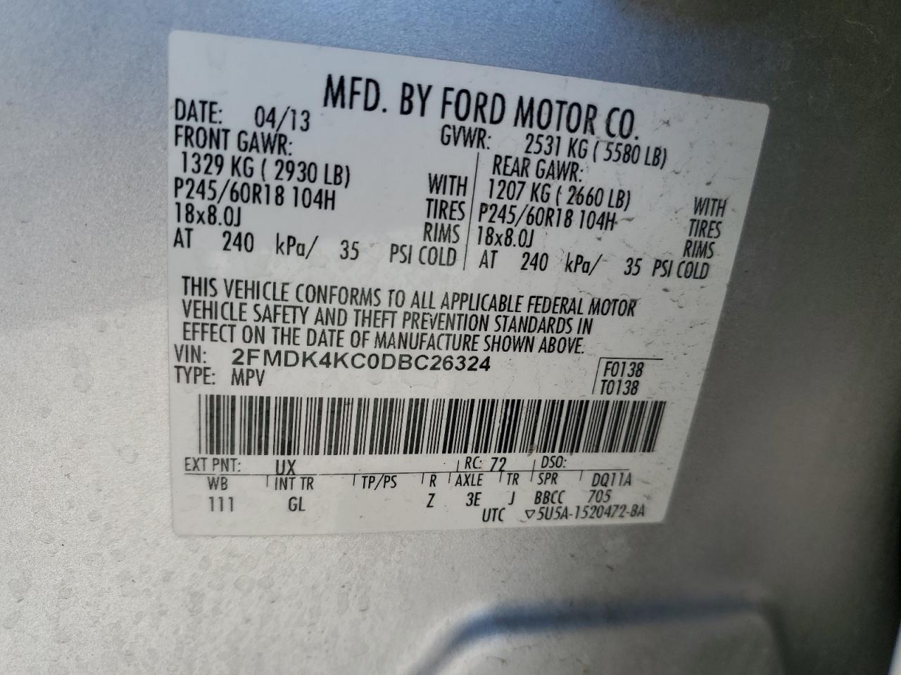 2013 Ford Edge Limited VIN: 2FMDK4KC0DBC26324 Lot: 82308365