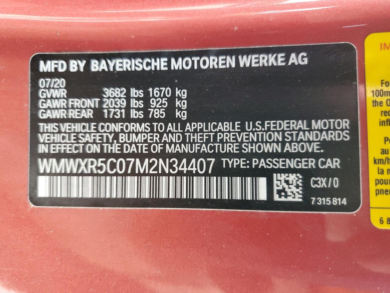 2021 Mini Cooper S VIN: WMWXR5C07M2N34407 Lot: 90125005