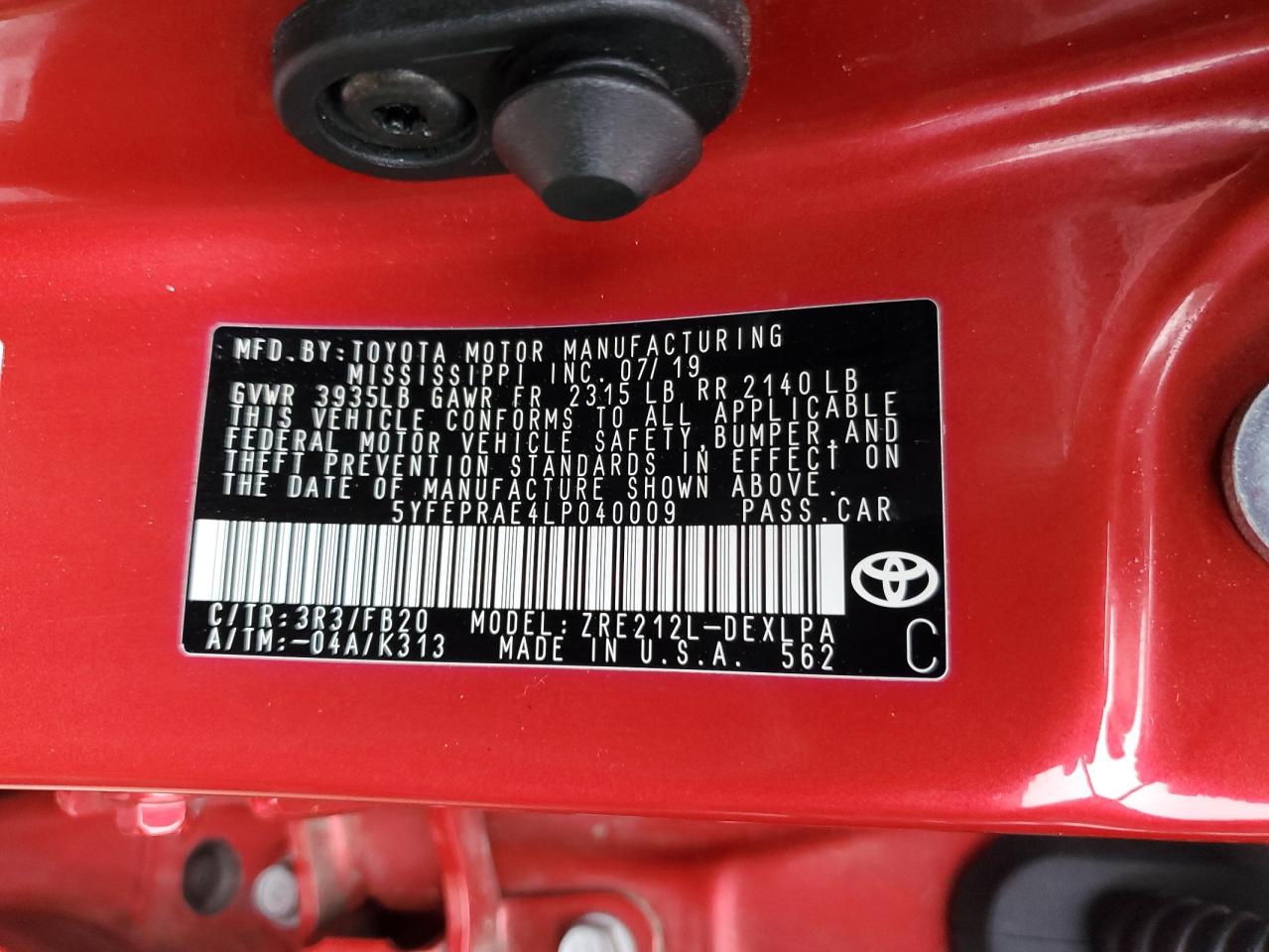 2020 Toyota Corolla Le VIN: 5YFEPRAE4LP040009 Lot: 85856195