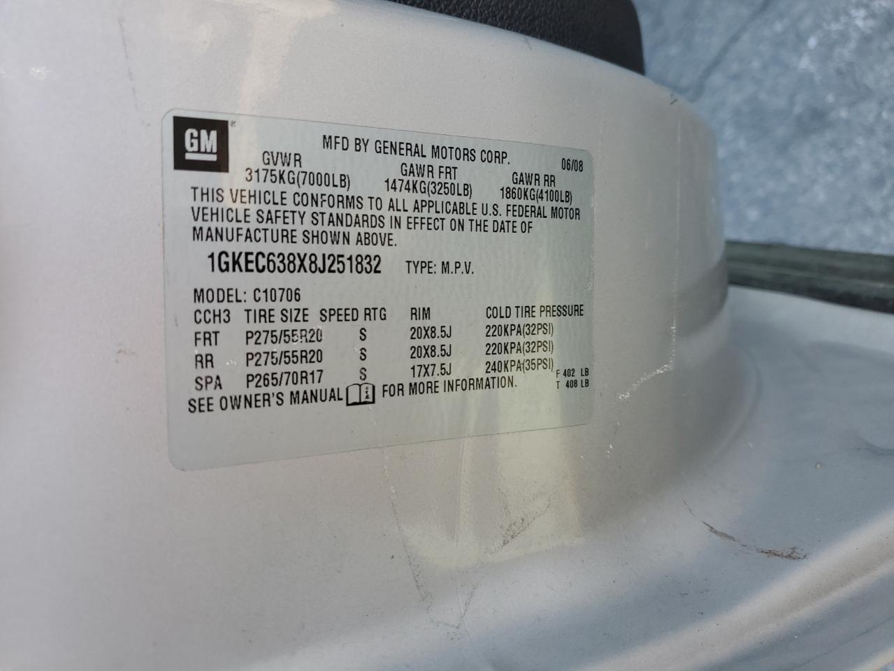 2008 GMC Yukon Denali VIN: 1GKEC638X8J251832 Lot: 89730875