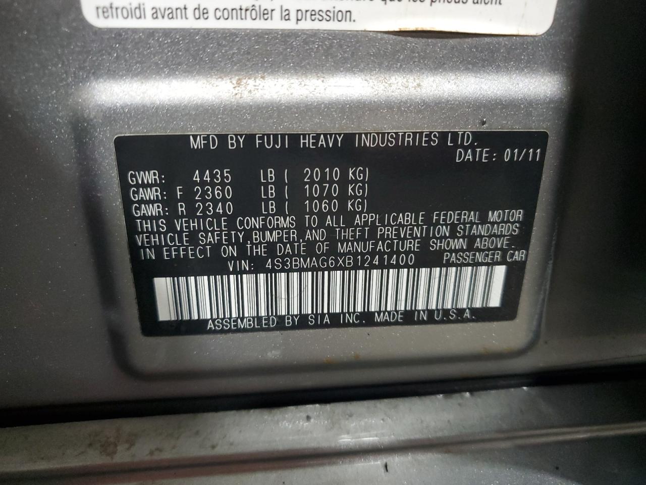 2011 Subaru Legacy 2.5I Premium VIN: 4S3BMAG6XB1241400 Lot: 87464165