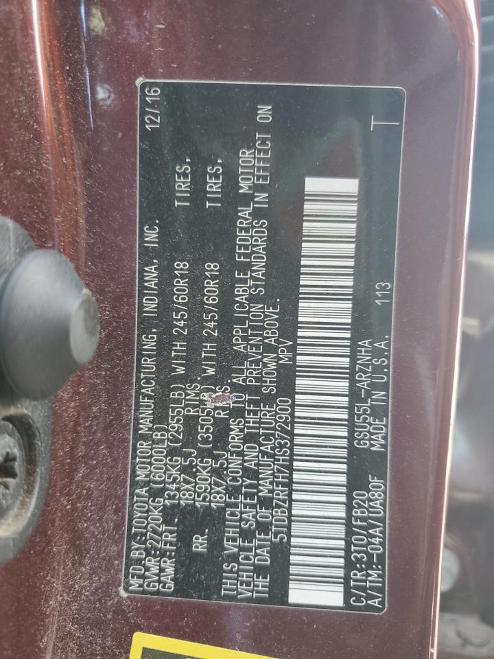 2017 Toyota Highlander Le VIN: 5TDBZRFH7HS372900 Lot: 85518285