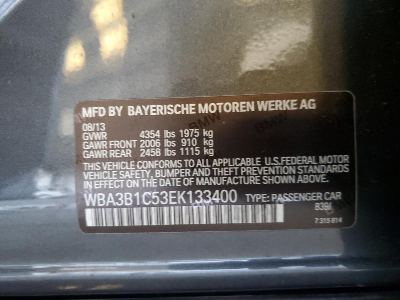 2014 BMW 320 I VIN: WBA3B1C53EK133400 Lot: 82374025