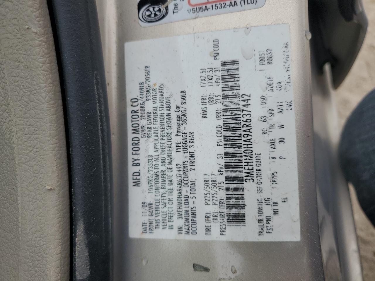 2010 Mercury Milan VIN: 3MEHM0HA9AR637442 Lot: 86475185