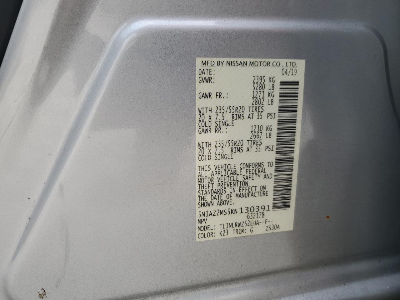 2019 Nissan Murano S VIN: 5N1AZ2MS5KN130391 Lot: 82302885