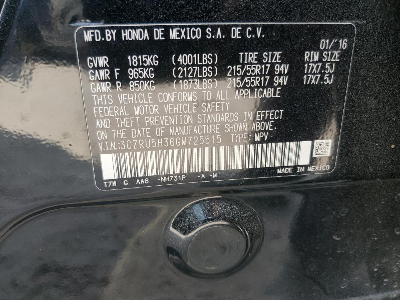 2016 Honda Hr-V Lx VIN: 3CZRU5H36GM725515 Lot: 82560545